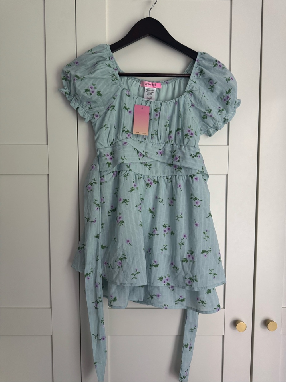 NWT Paper Doll Girls Size 10 Blue Floral Romper Formal Dress Puff Sleeves Shorts